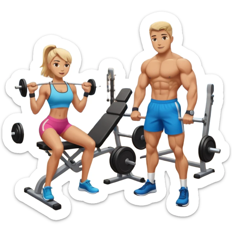 ein gym mit geräten und zwei freunden die sport machen sticker
