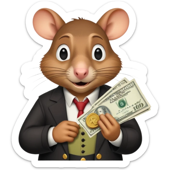 roddy the rat from the movie Flushed Away, holding cash sticker