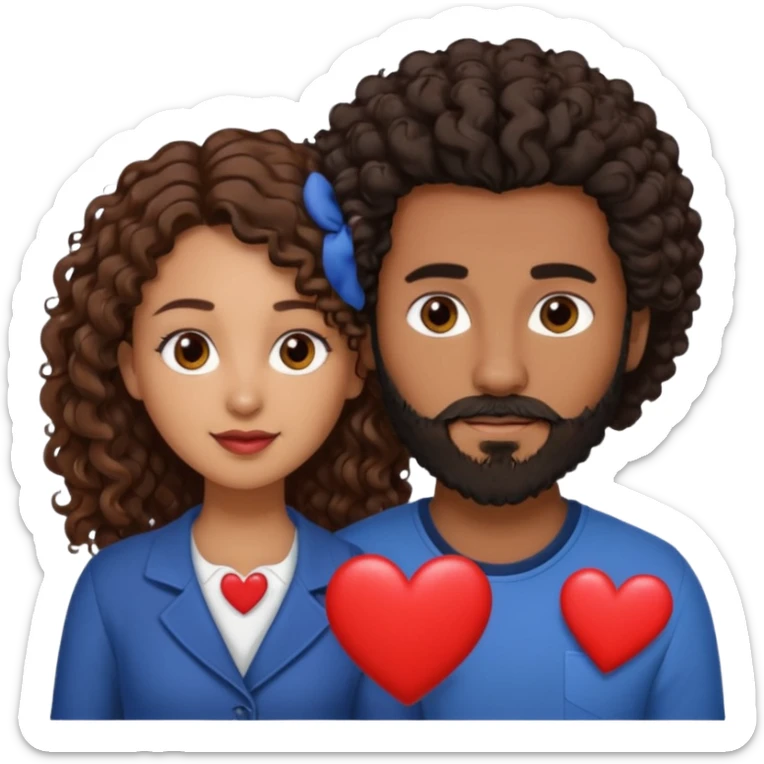 pareja de Mujer morena rizada cabello largo castaño ojos oscuros y hombre blanco con cabello negro corto con barba y ojos marron alrededor de la pareja corazones sticker