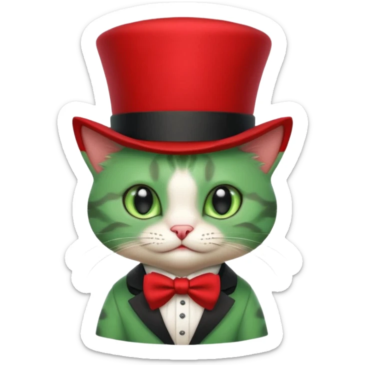 Steampunk:a very cute and adorable green anthropomorphic baby cat with a red top hat sticker