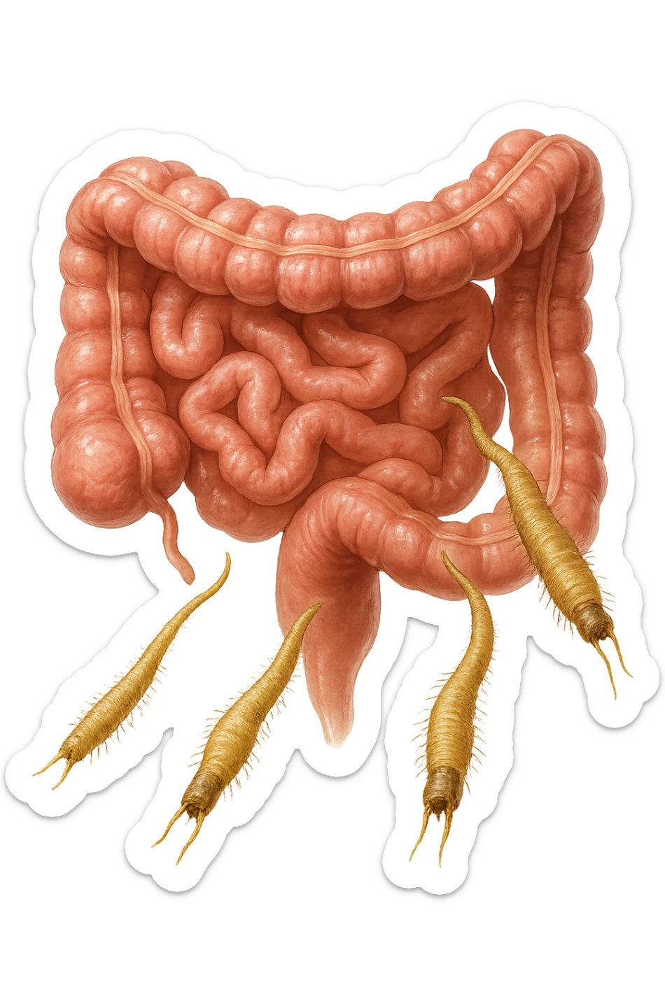 Realistic medical image of microscopic parasites leaving the intestines after taking natural kinesiological drops, symbolizing detox and cleansing. sticker