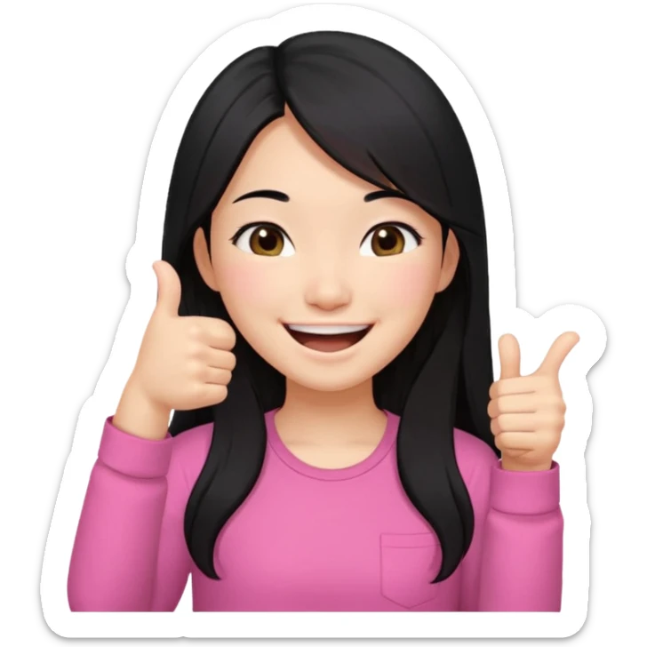 a girl genuinely feeling happy so so so much laughing so hard with her eyes folded long black hair asian girl on a pink shirt with her thumb up sticker