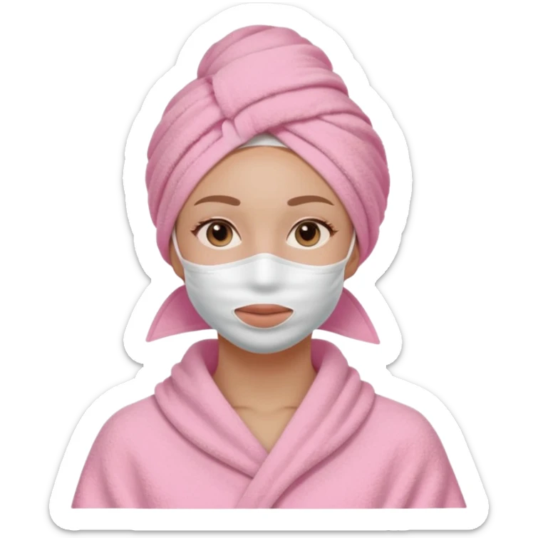 Clean girl influencer character, chest-up portrait, wearing a pink towel wrapped around the head, full face facial skincare mask on face, relaxed confident expression, soft glow skin, minimal chic aesthetic, subtle beauty accessories, calm self-care vibe sticker