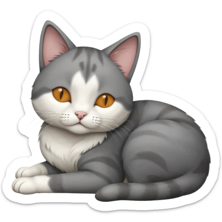 dark grey and white small cat with eyes closed, leaning his head on his paw while leaning on his elbow lying down sticker