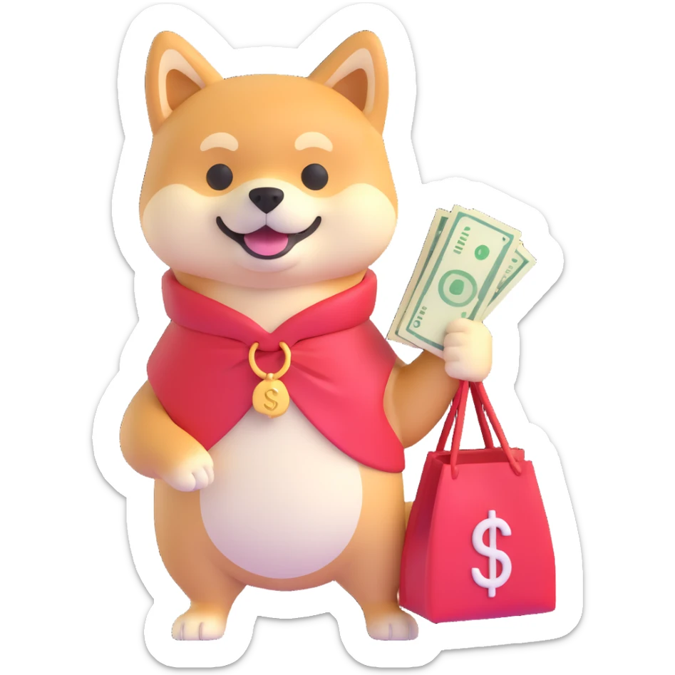 shiba inu with a bag of money sticker