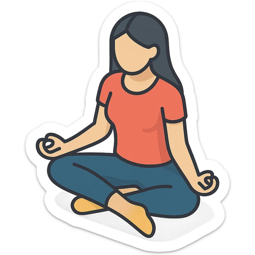 a woman with long hair sitting in lotus pose, front view, 2D isometric illustration style sticker