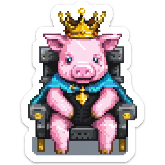 ultra-minimal pixel art pig with a golden crown sitting on a throne, blocky and square like Minecraft, inspired by Technoblade sticker
