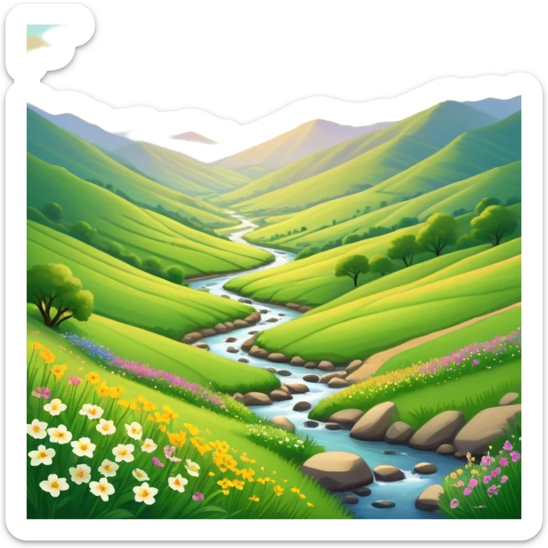 Cinematic Realistic Valley Emoji, Lush and serene, with gently sloping hills surrounding a vibrant green valley filled with wildflowers and a small stream. The soft, golden sunlight filters through the valley, casting peaceful, warm shadows across the landscape. Soft glowing outline, capturing the essence of natural peace and gentle beauty in a sprawling valley. sticker