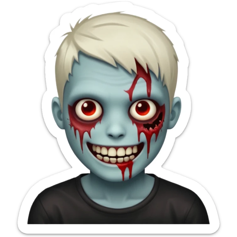 zombie boy with emo short hair, white skin, and white eyes; an open smile, and bloodied teeth; sticker