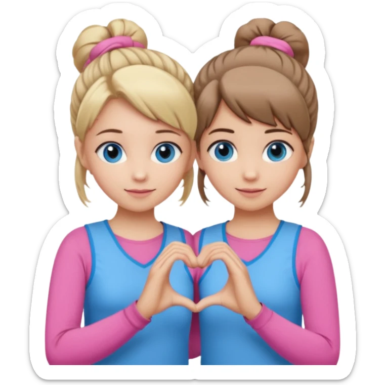 Two best friends making a heart shape with their hands together. One of them has blond hair which is shorter and the other has brown hair tied up. They are both wearing pink outfits. They both have blue eyes  sticker