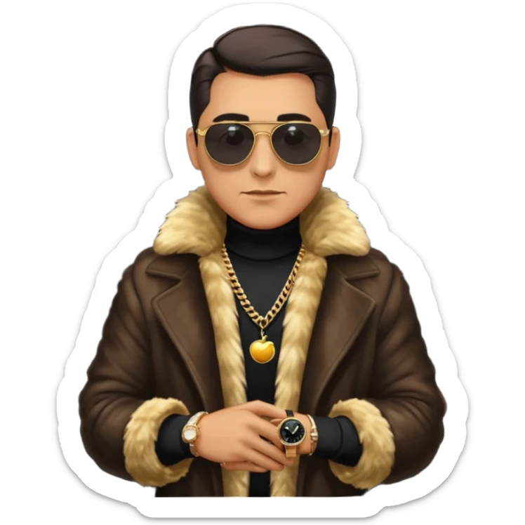 bearded man with slicked back hair, wearing dark sunglasses, a luxurious fur coat over a black turtleneck, gold chains and a watch, minimalist flat design, glossy Apple emoji style, simple facial features, centered full-body icon on white background sticker