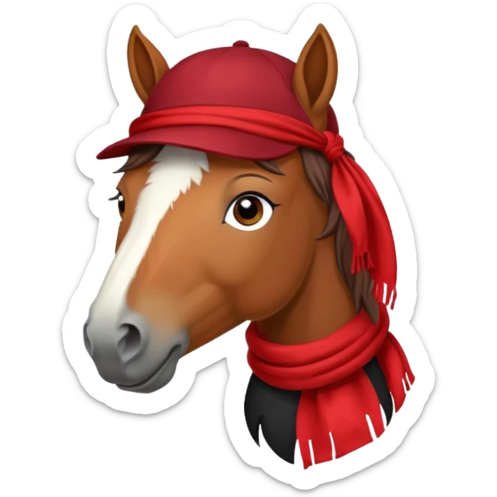 fabulous funny winter horse in a black hat cap with a red scarf sticker