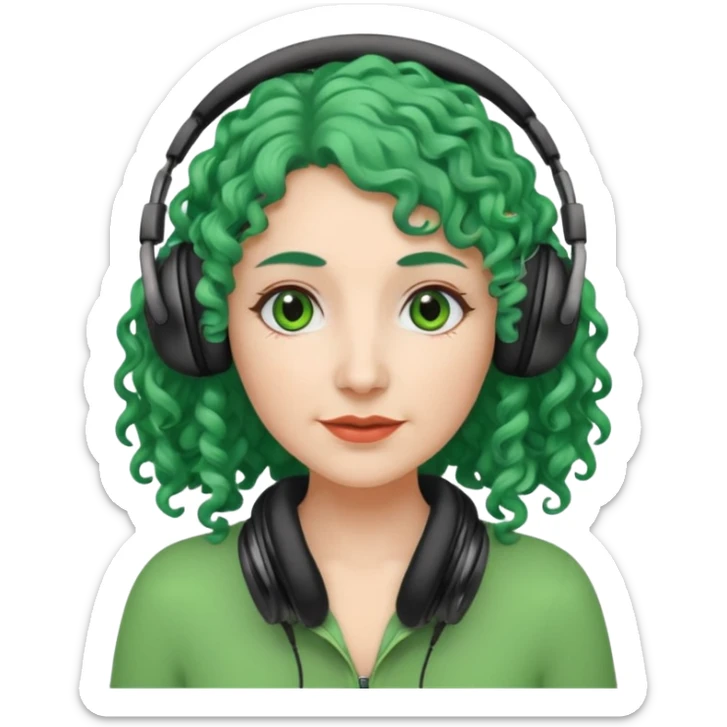 green haired earringed heaphone wearing middle aged woman very very curly long hair sticker