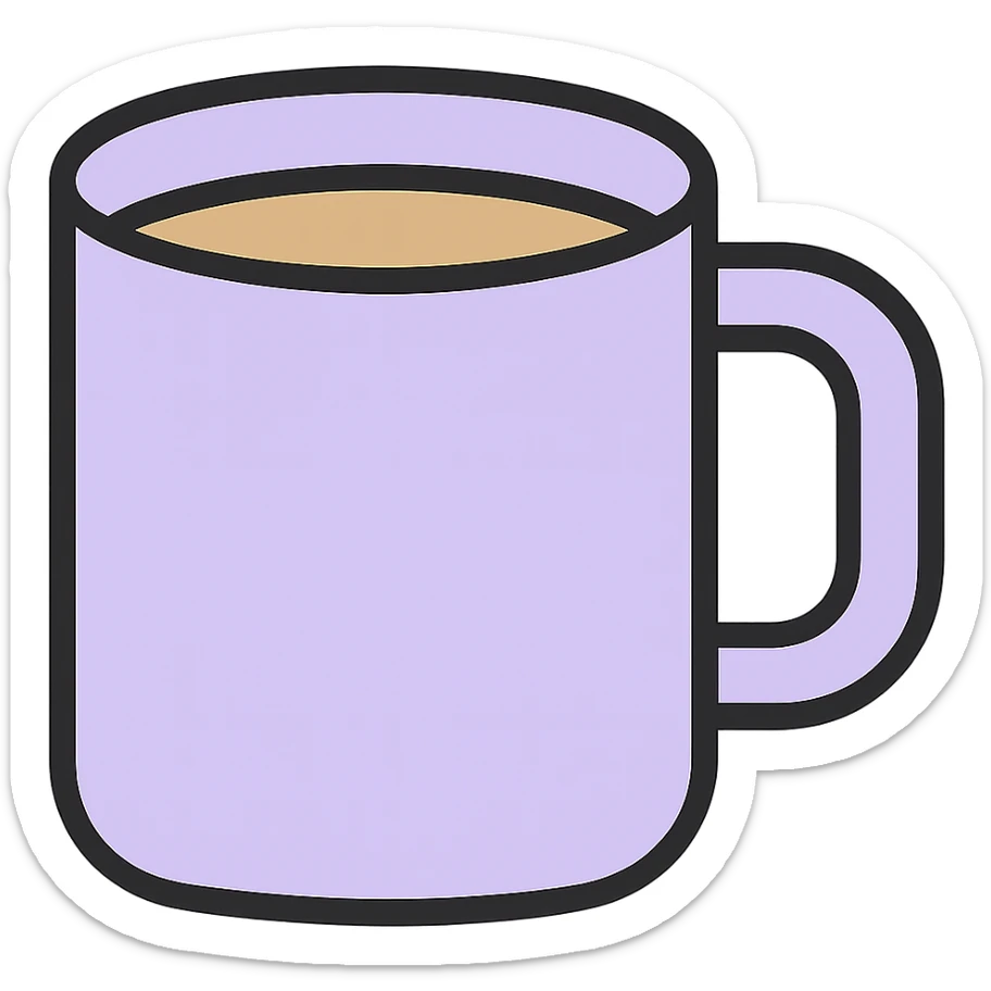 Edit the coffee mug to have a pastel purple shade, keeping the original icon color outlined style with black outlines and no background. sticker