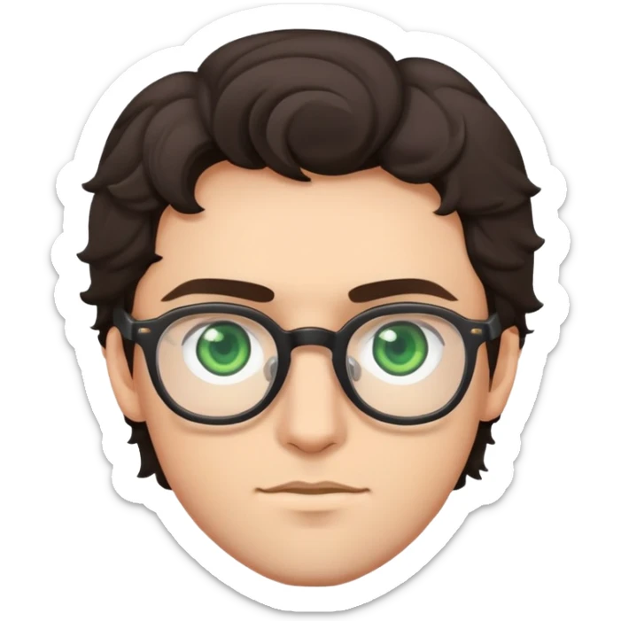 young man with dark slightly curled hair wearing glasses with green eyes sticker
