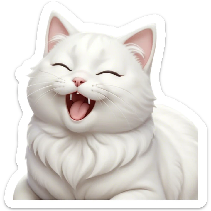 Cinematic Cute Yawning White Cat Portrait Emoji, Head gently tilted with an endearing, wide-open yawn and softly closed eyes, showcasing a pristine white fur with delicate hints of silver, simplified yet irresistibly adorable, highly detailed, glowing with a tender, cozy radiance, high shine, exuding sleepy charm and gentle affection, styled with a soft glowing outline, capturing the essence of a white cat caught mid-yawn, radiating pure, adorable lethargy! sticker