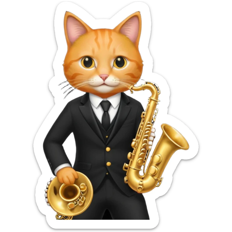 orange cat play gold saxophone, wear black suit, portrait sticker