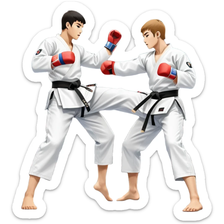 Two taekwondo fighters in traditional white doboks with black belts compete in a dynamic match. One delivers a high kick, while the other blocks using their knee. The background features a professional arena with bright lights and spectators. Transparent background. sticker