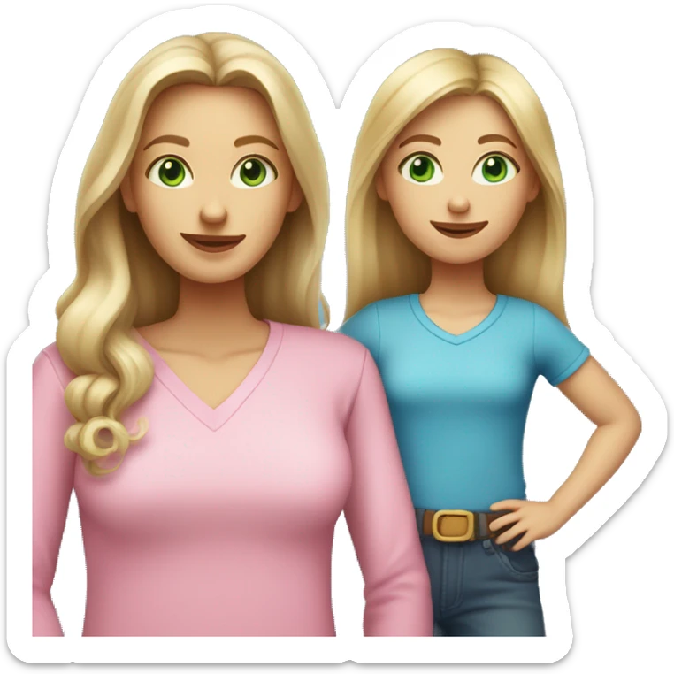 mother with long light brown and green eyes plus daughter with long dirty blonde hair and blue eyes, both with “pink shirts” sticker