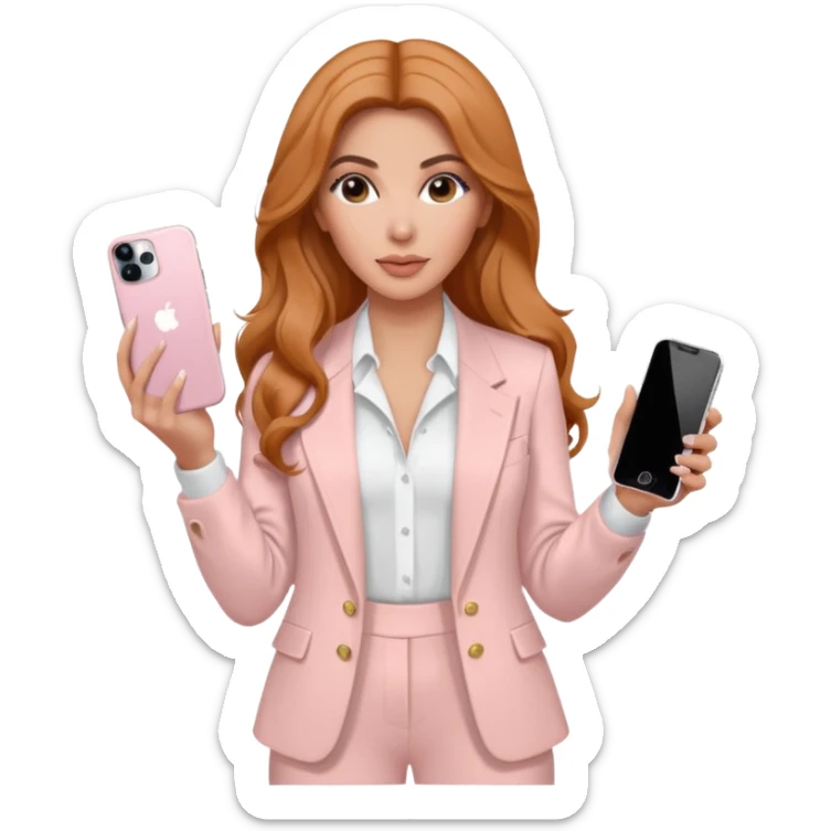 pale skin Kim Kardashian with ginger wavy long Hair, light pink  Spacious classical jacket, light pink palazzo Arrow pants and white blouse holding white IPhone 15 pro in the hands sticker