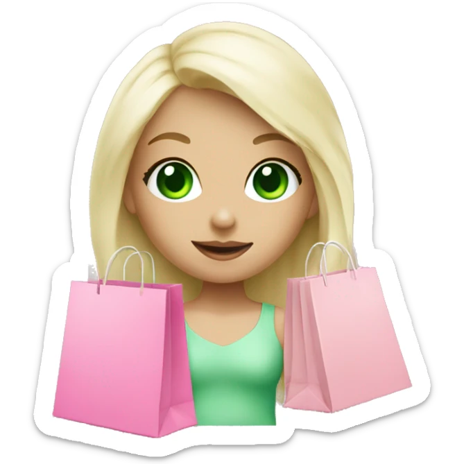 cute platinum blonde with green eyes surrounded by pink shopping bags sticker