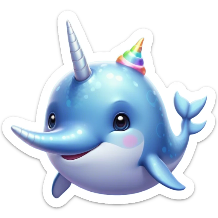 Cinematic Cute Cute Narwhal Portrait Emoji, Head tilted playfully and inquisitively, featuring a charming, sleek body with softly iridescent skin, a prominently spiraled tusk and large, twinkling eyes full of gentle wonder, Simplified yet irresistibly adorable features, highly detailed, glowing with a warm, inviting ocean glow, high shine, affectionate and lively, stylized with a touch of magical sea whimsy, soft glowing outline, capturing the essence of a mischievous yet endearing cute narwhal that seems as if it could frolic out of the screen into your heart! sticker