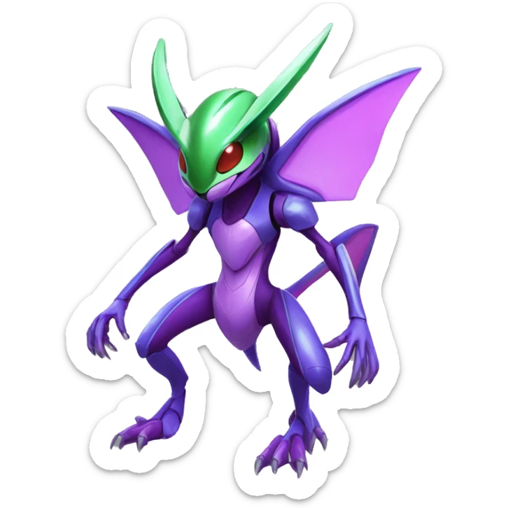 a shiny purple Genesect-Flygon-Raptor-Fakémon—hybrid with a futuristic visor-helmet full body sticker
