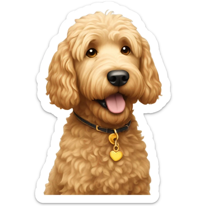 Golden doodle dog lovingly looking at his human fathers. They are in a meadow cliff overlooking a small village. sticker