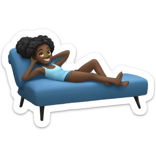 slate blue black girl lounging on a comfy blue couch, with her feet up, looking relaxed and happy sticker
