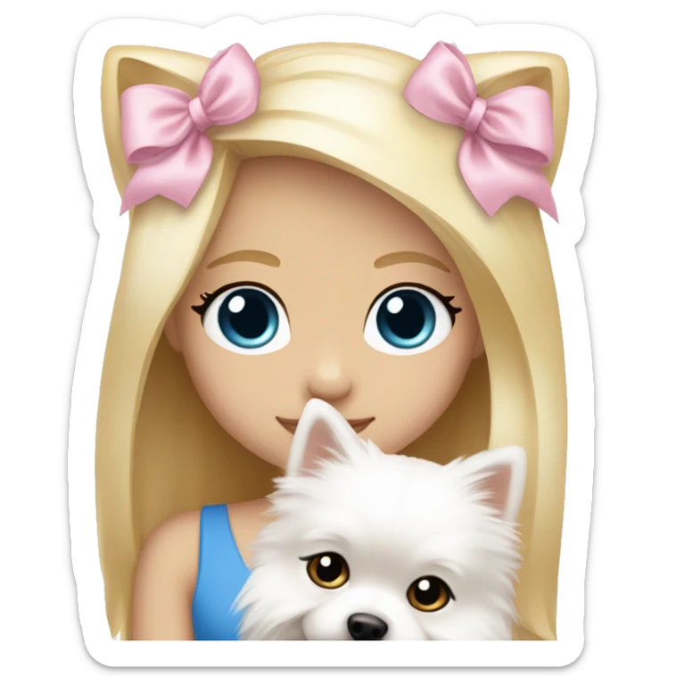Blond girl white skin blue eyes hugging white Pomeranian with light pink bow sticker