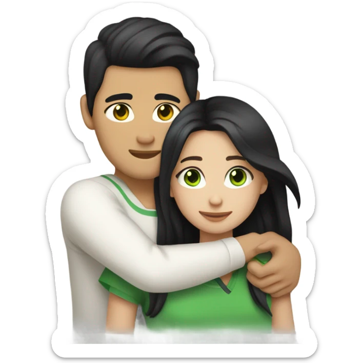 Light skin Asian male with undercut straight black hair tightly hugging white female with green eyes and long brown wavy hair sticker