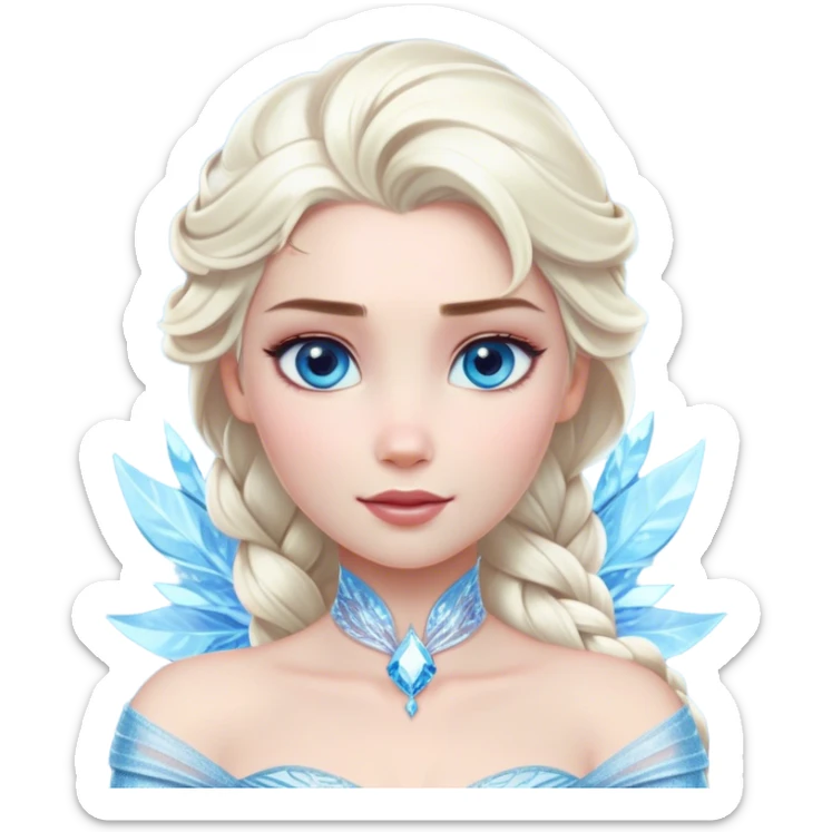 Cinematic Realistic Elsa Portrait, depicted with lifelike skin texture, soft natural lighting, and intricately detailed platinum blonde hair styled elegantly. Her striking, expressive blue eyes exude confidence and grace, complemented by a serene and regal expression. She is dressed in her signature icy attire, with shimmering fabric textures and delicate folds that catch the light beautifully. The portrait features a soft, enchanting glow with a cool, radiant finish, capturing the essence of timeless elegance in a realistic and painterly style, evoking a sense of depth and authenticity. sticker