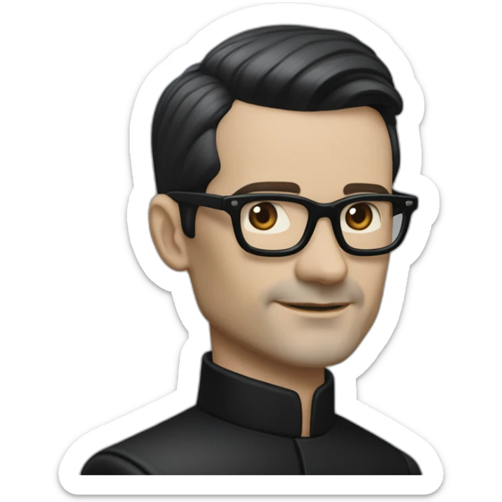 small photo realistic Ralf Hutter from Kraftwerk, short straight black hair, Dark Brown eyes, black glasses, thin, black shirt, side view, waving, riding open top black tesla sticker
