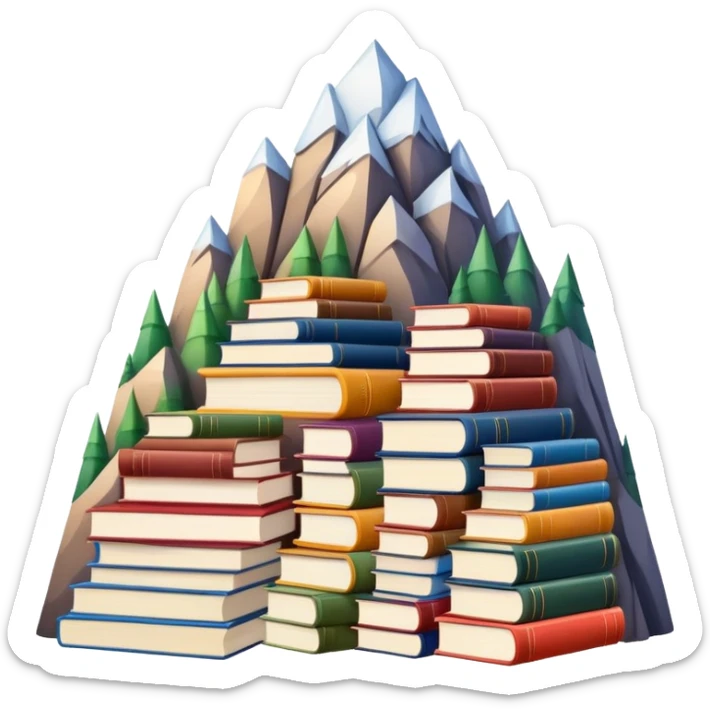 A tall mountain made of stacked books of different colors and sizes sticker