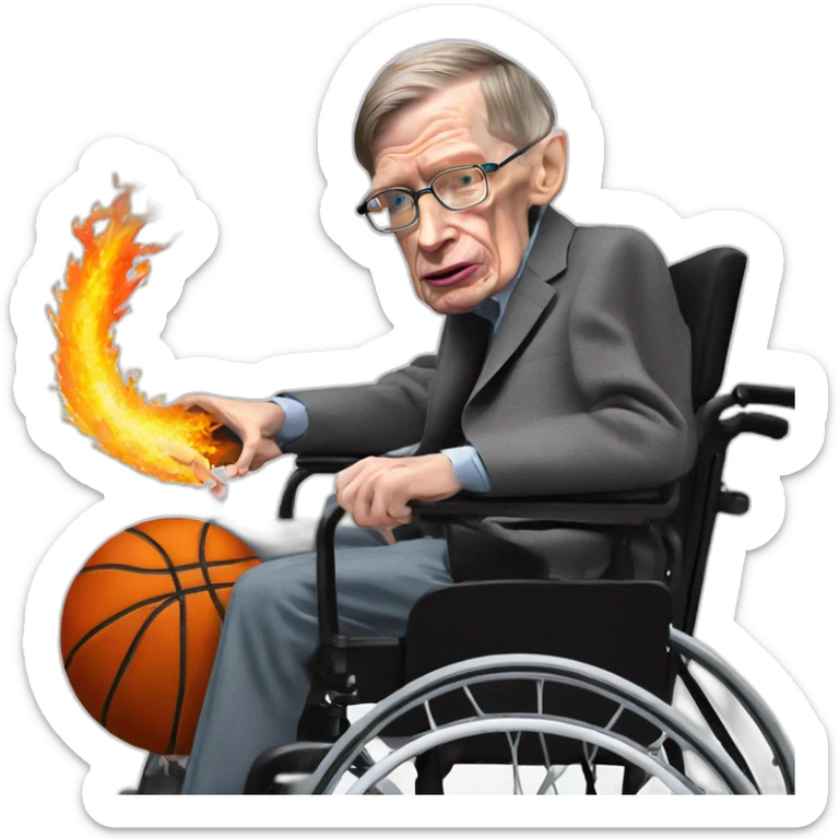 stephen hawking in flaming wheelchair slam dunking basketball sticker