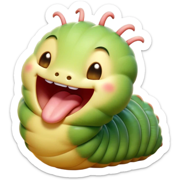 Cinematic Adorable Yawning Caterpillar Portrait Emoji, Head tilted slightly with a dramatic, wide-open yawn, showcasing a plump, segmented body with softly drooping edges and sleepy, half-closed eyes, Simplified yet irresistibly cute features, highly detailed, glowing with a soft, cozy natural glow, high shine, relaxed yet expressive, stylized with a dash of whimsical transformation charm, soft glowing outline, capturing the essence of a drowsy caterpillar that appears ready to stretch and yawn its way out of the screen! sticker