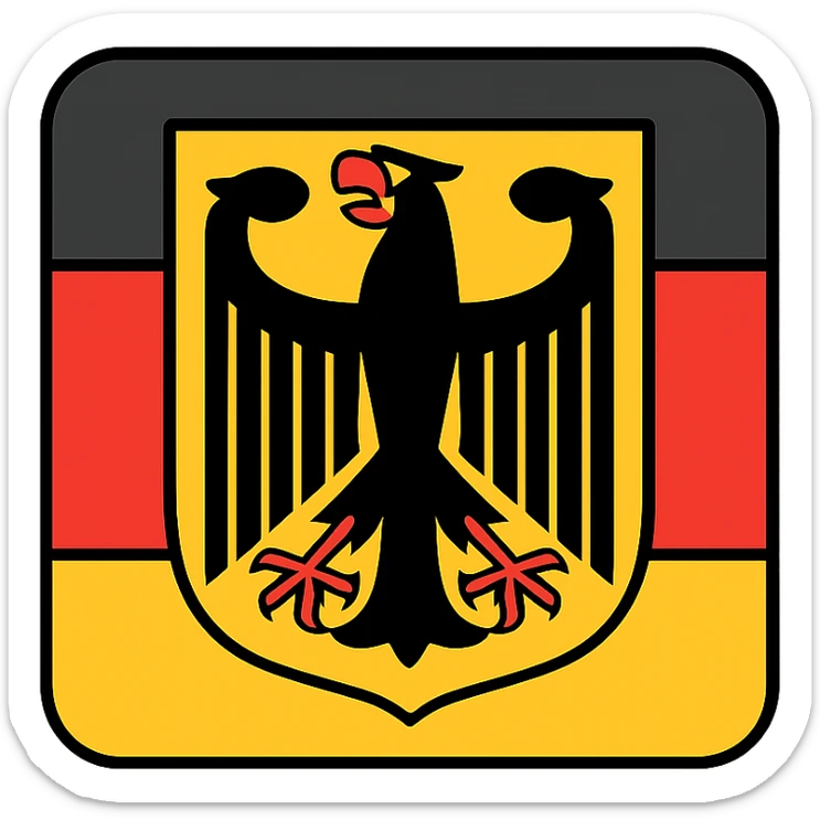 classic Bundesadler emblem in front of German flag, bold colors, no text sticker