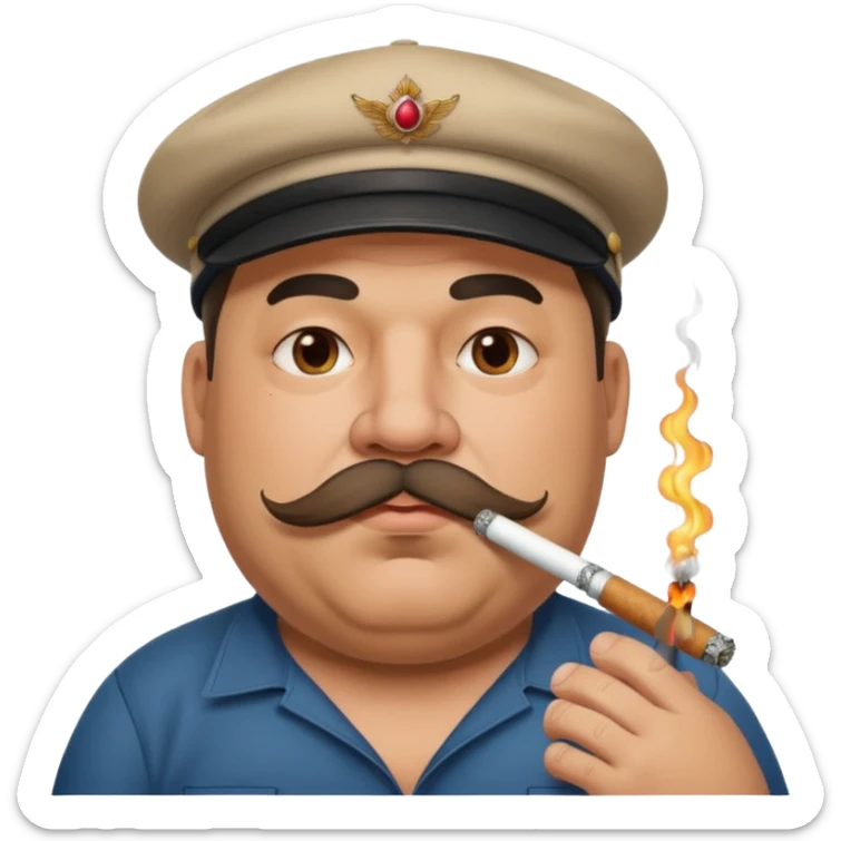 a fat father with a cap and tattoos, a cigarette in his mouth, and a mustache. sticker