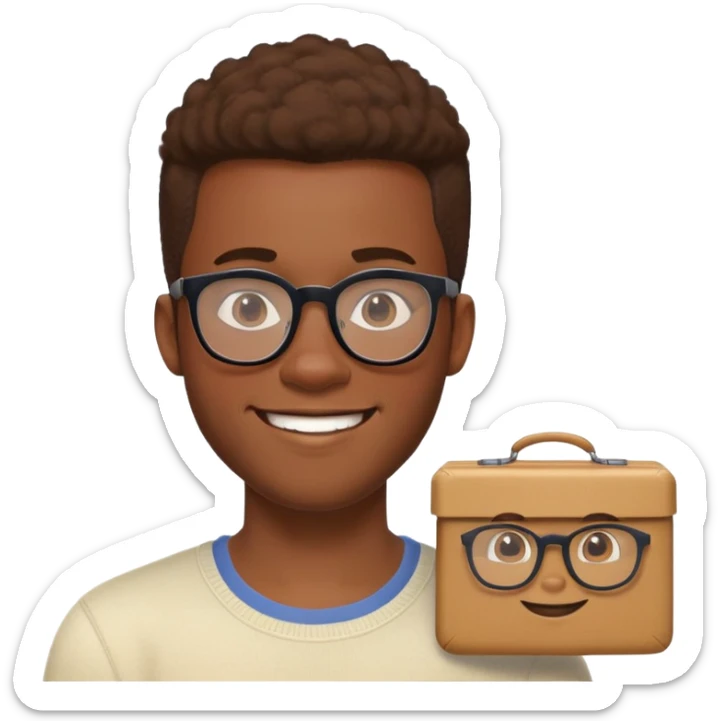 African yound man in his lateb 20s with a  nerdy glass and a bright smile with a short boxed beards in Pixar style sticker