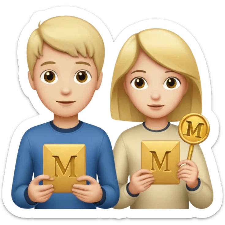Create two letters, N and Y, in the shape of sisters. Create an image of a boy holding the letter N and a girl holding the letter M  sticker