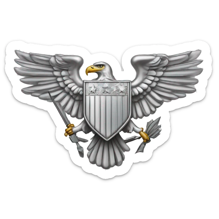 Create an emoji of a silver US Army O-6 Colonel insignia: a detailed silver eagle with outstretched wings, clutching arrows and bearing a shield on its chest. Ensure the background is transparent. The entire thing should be silver sticker