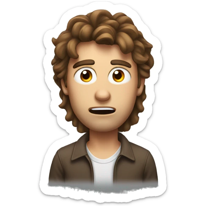 man with surprised face with messy long brown hair, with small eyes and very high eyebrows sticker