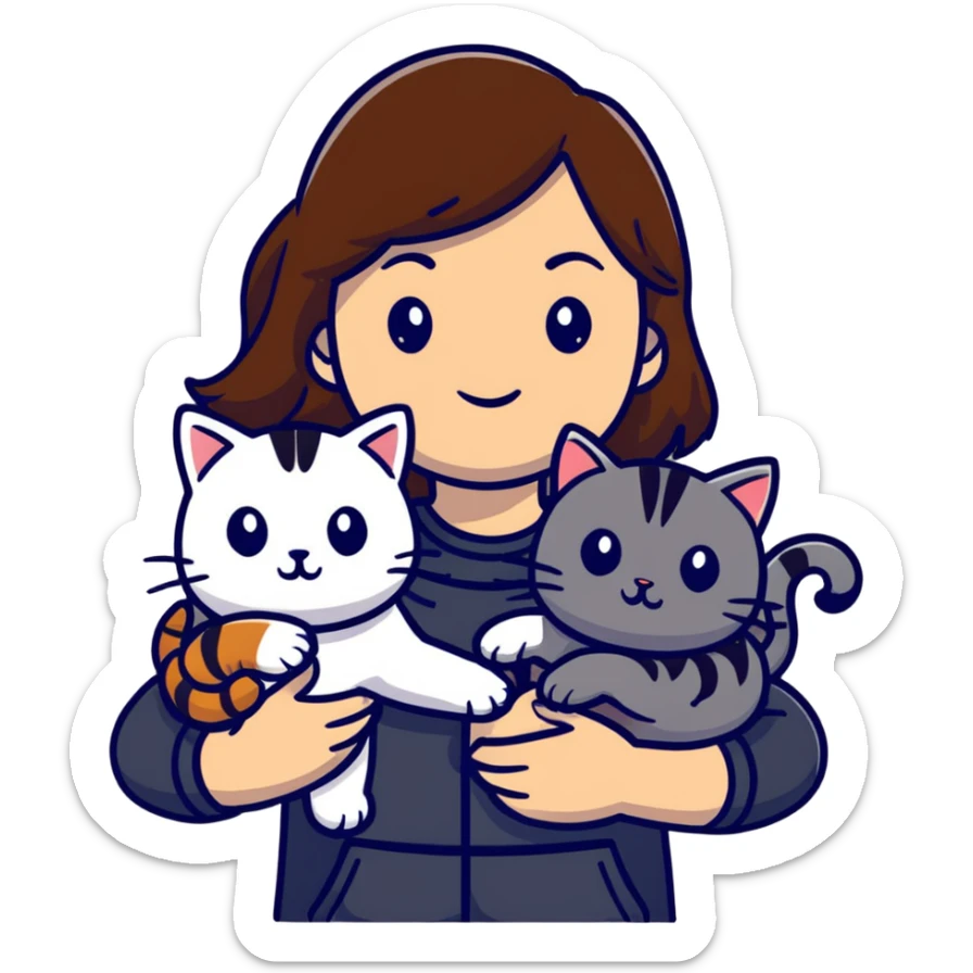 tan brown-haired girl holding two cats, one black cat and one grey-striped cat sticker