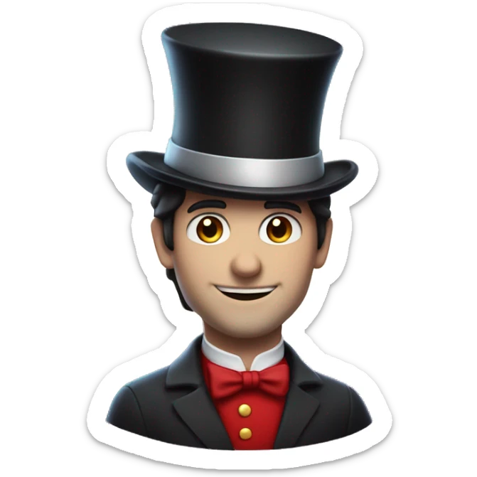 A man with dark hair, white skin, wearing red and a top hat, having sparkle as magic next to him  sticker