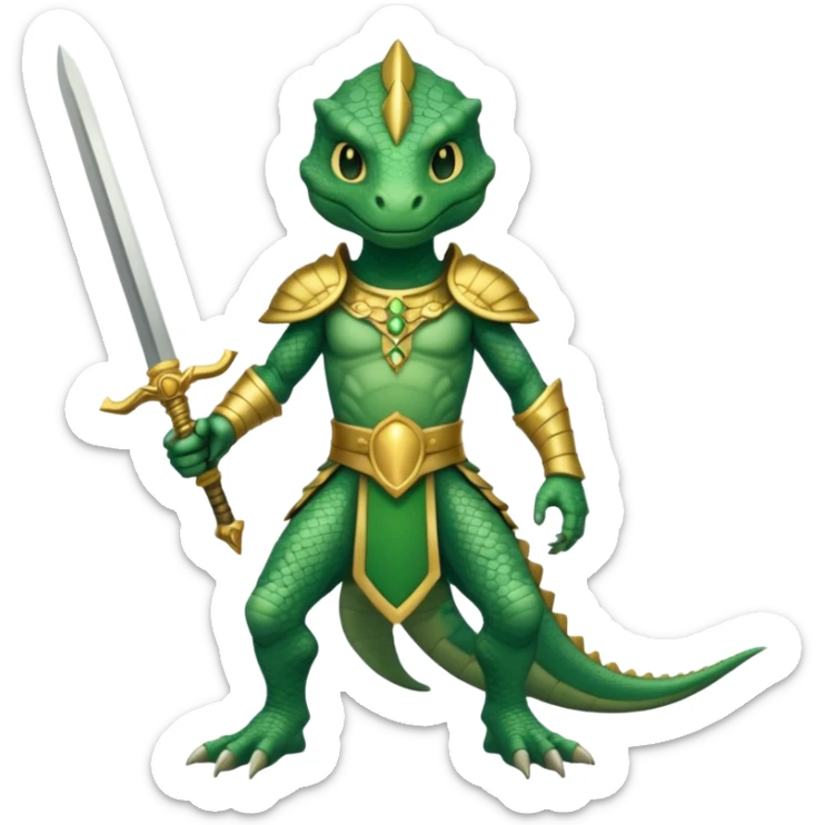 full body reptilian humanoid in ancient outfit holding a gold sword sticker