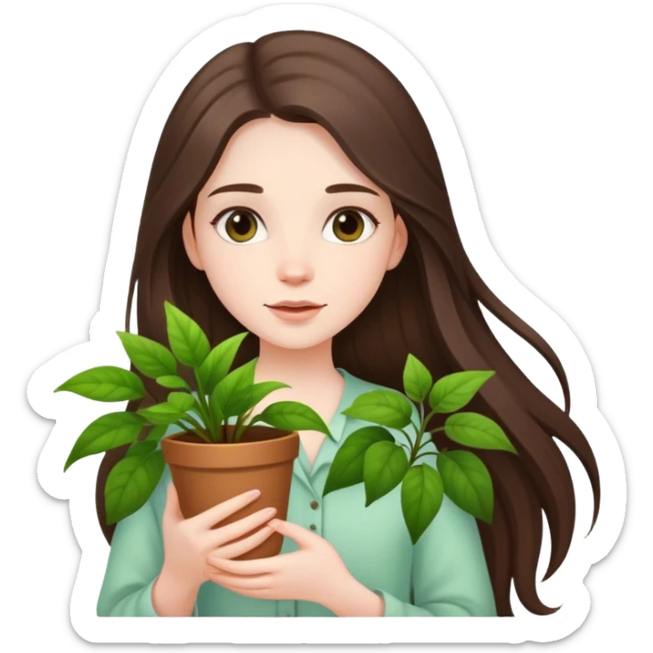 beautiful pale brunette girl with long hair holding plants  sticker