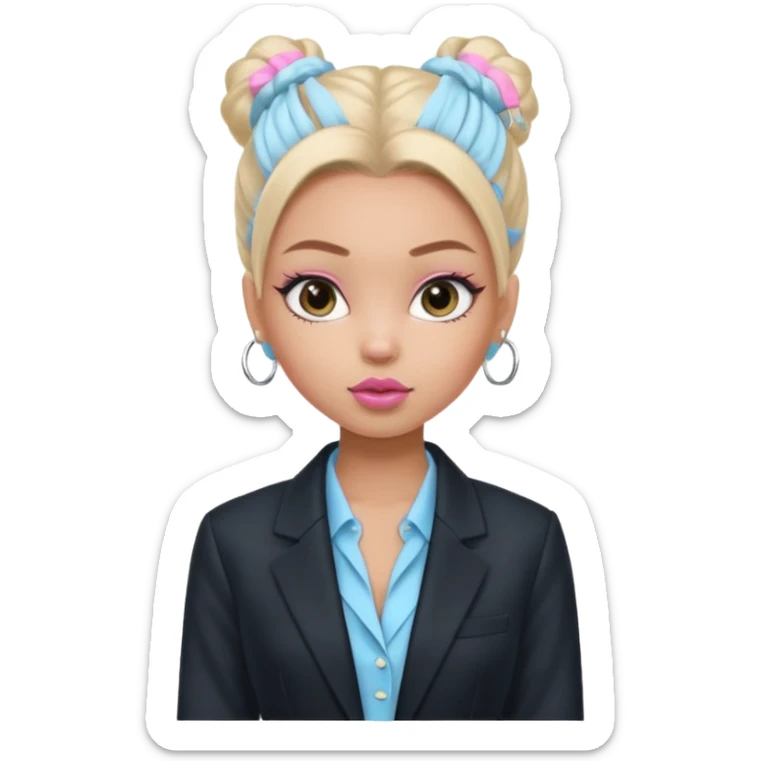 generate a pretty bratz girl wearing a light blue full sleeve shirt, silver small hoops, pink lipgloss, black blazer, hair tied up sticker