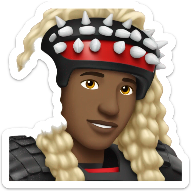 College football fan wearing spiked shoulder pad that are red and black sticker