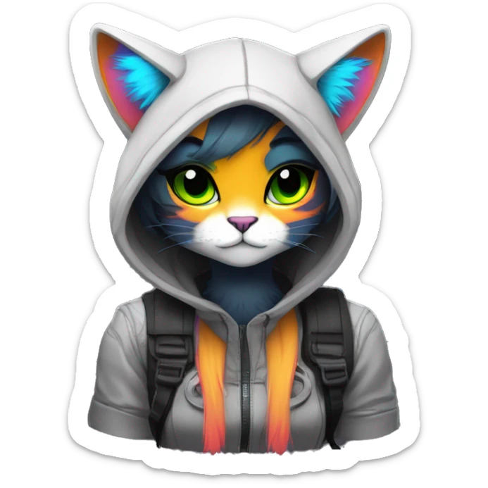 Edgy Shy Anthro cool pretty colorful dark cat-fursona techwear sticker