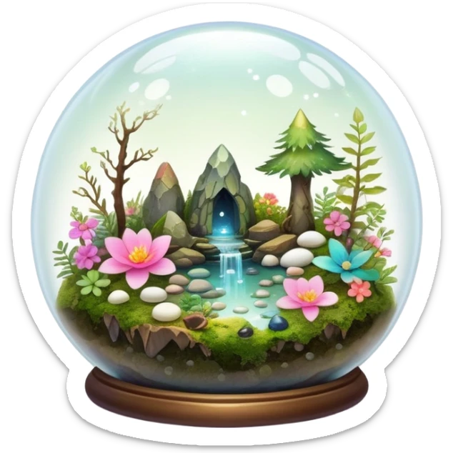 Sparkly shiny iridescent Mystical woodland glass-dome-terrarium-globe with moss inside, with marbles, with pebbles, crystals, with bones inside, and flowers inside  sticker